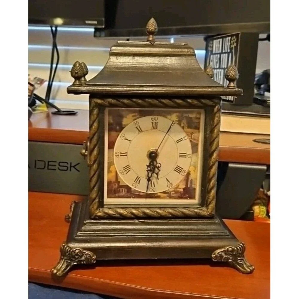 Three Hands Corp Ornate Shelf Clock Brown and Brass Interior Key Holder WORKS